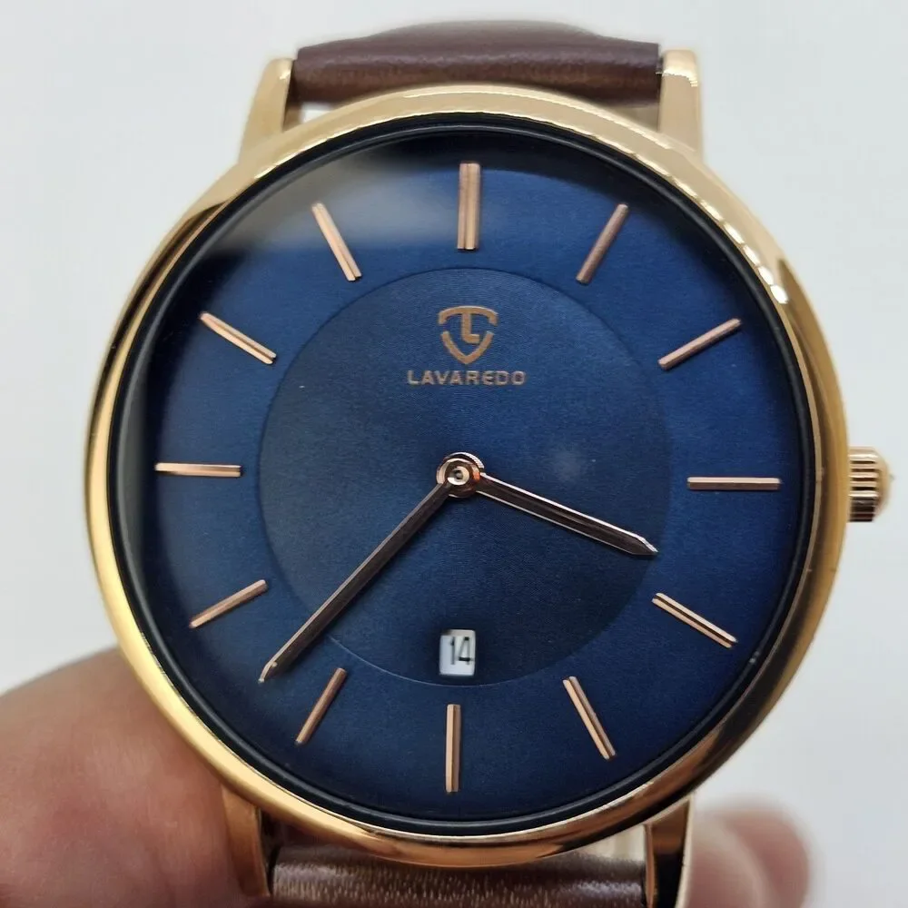 Men's Watch 40MM Gold Case Blue Dial Brown Leather Band‎ Straps Date Indicator